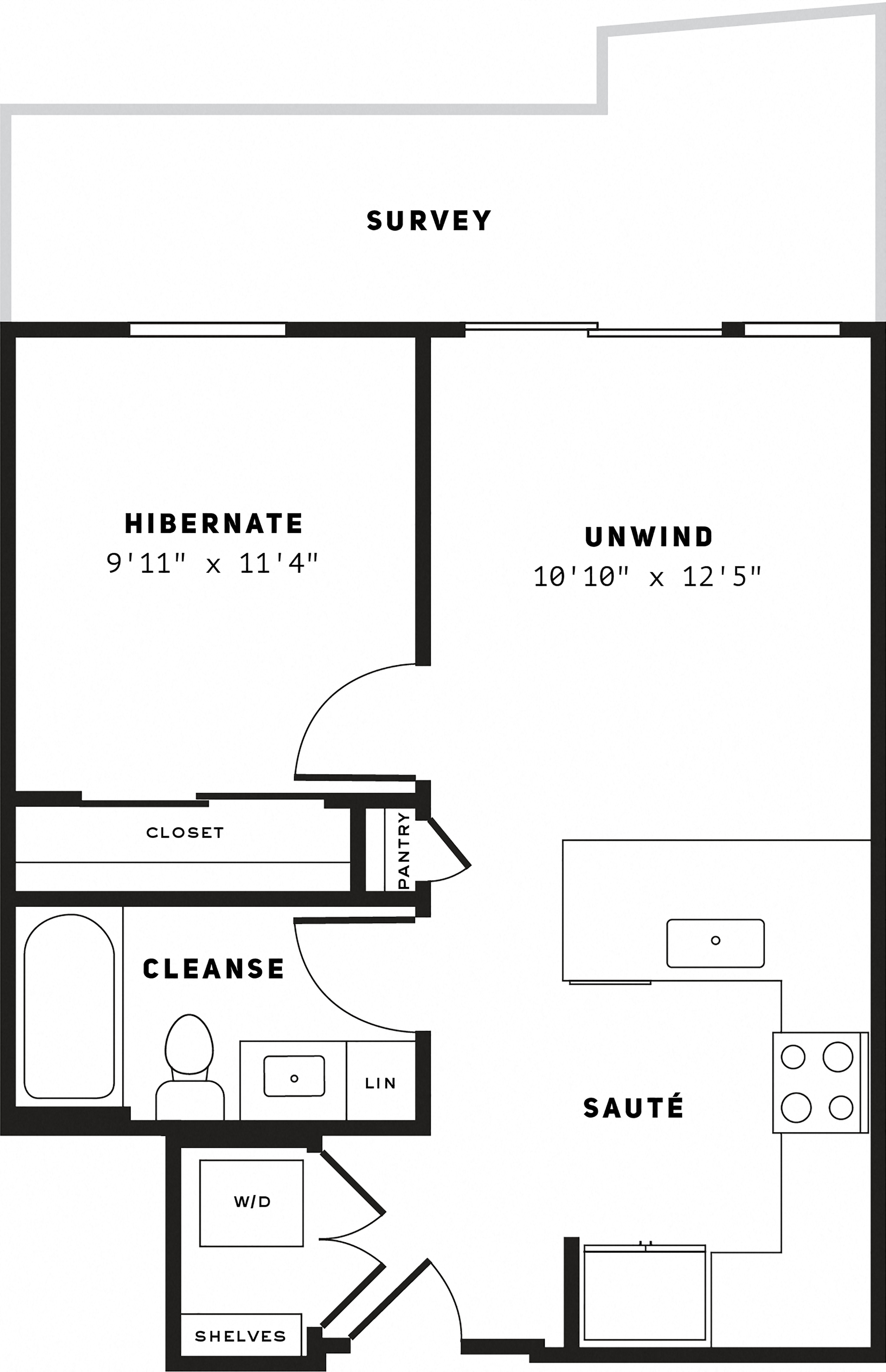 Floor plan for 1 bed, 1 bath, 562 sqft